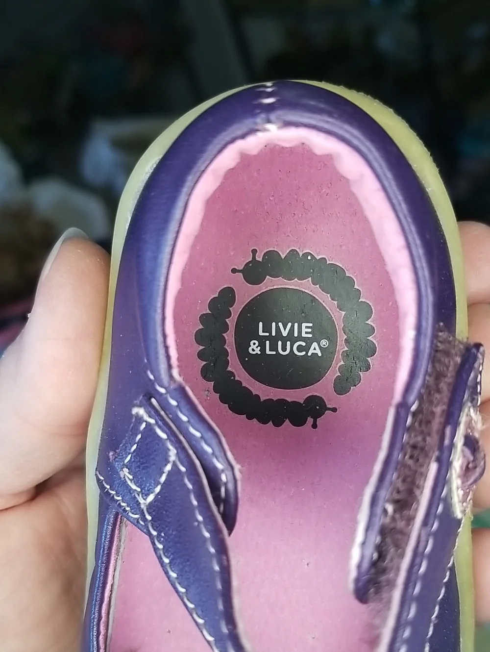 Livie & Luca Purple Leather Mary Janes with Pink Glitter Bird Size 4 Pio Pio